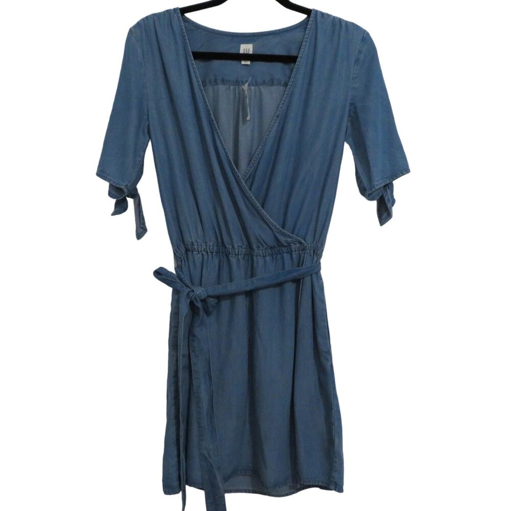 GAP Womens Sz XS Chambray ABbove Knee Wrap Short Sleeve Dress Tie Waist